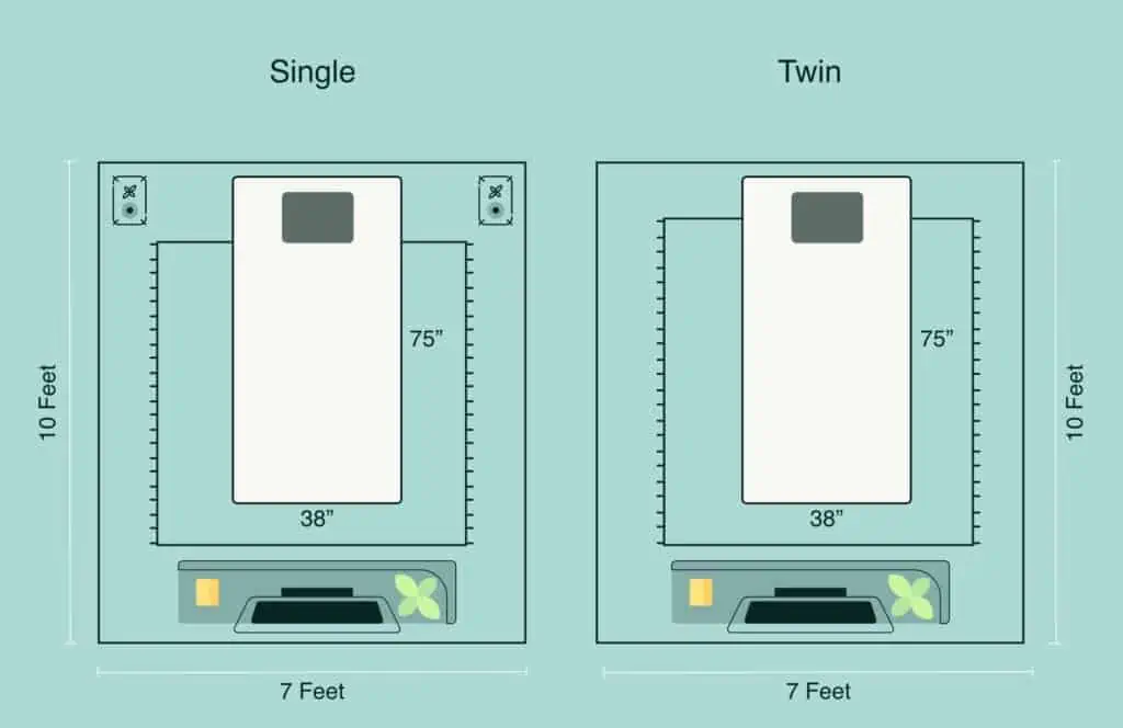 single vs twin bed room dimensions illustration