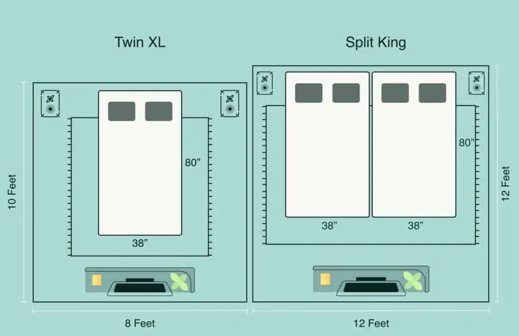 twin xl vs split king room dimensions illustration